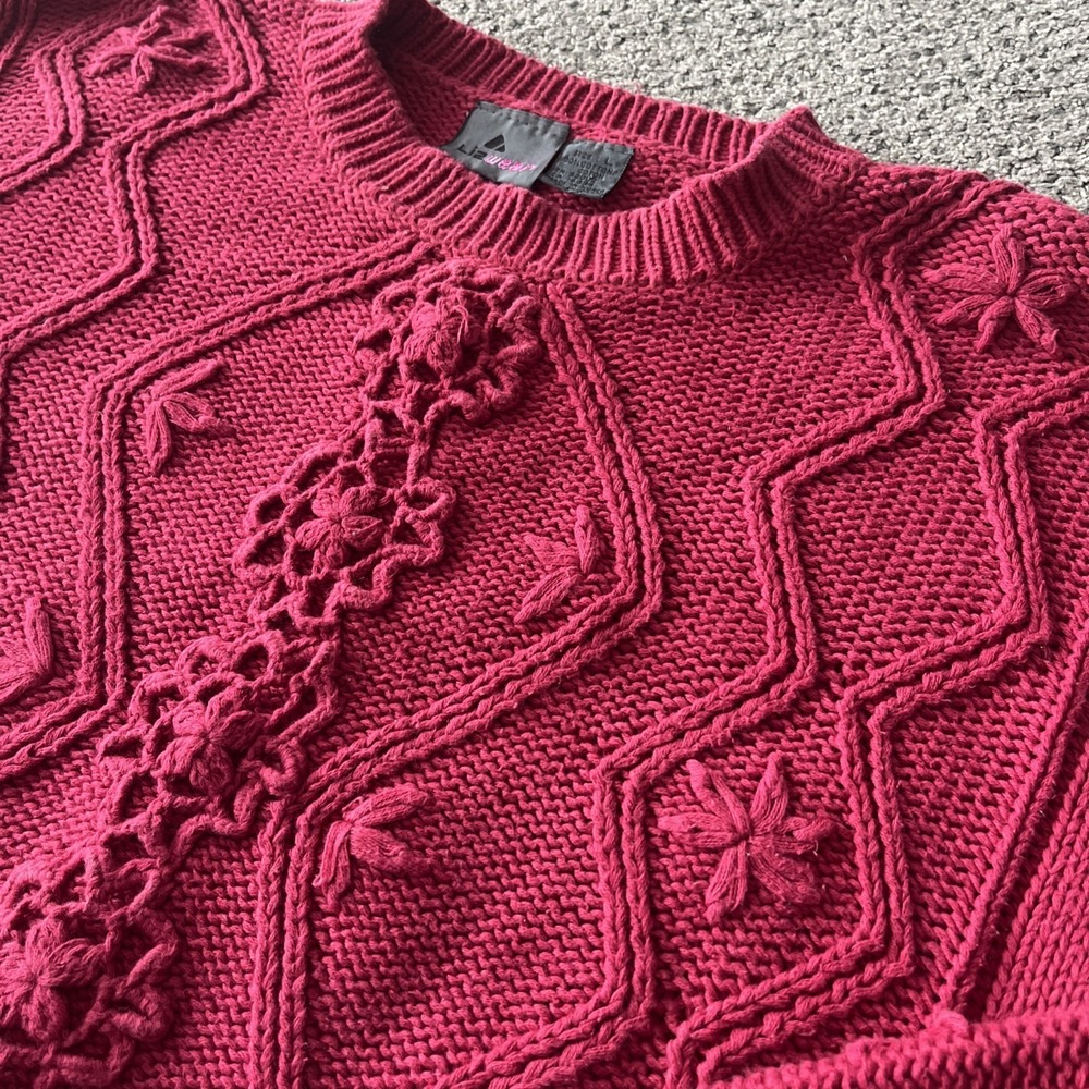 Vintage Liz Wear Cottagecore Red Cotton Cable Knit Granny chunky sweater 90's L